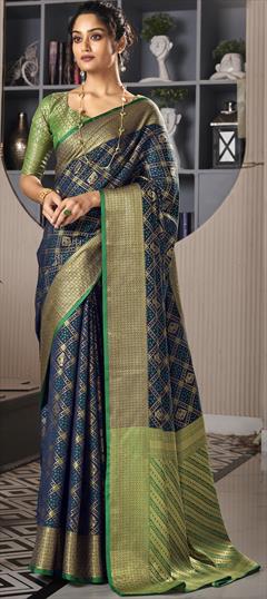 Party Wear, Traditional Blue color Saree in Handloom fabric with Bengali Weaving work : 1898654