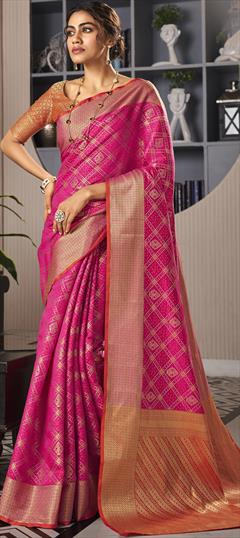 Party Wear, Traditional Pink and Majenta color Saree in Handloom fabric with Bengali Weaving work : 1898656