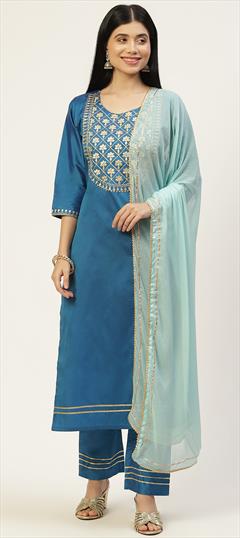 Festive, Party Wear, Reception Green color Salwar Kameez in Art Silk fabric with Straight Embroidered, Thread work : 1898661