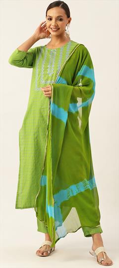 Festive, Party Wear, Reception Green color Salwar Kameez in Blended Cotton fabric with Straight Embroidered, Resham, Thread work : 1898668
