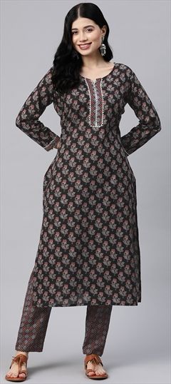 Festive, Summer Black and Grey color Salwar Kameez in Cotton fabric with Straight Floral, Gota Patti, Printed work : 1898745