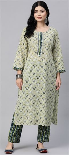 Festive, Summer Green, Yellow color Salwar Kameez in Cotton fabric with Straight Gota Patti, Printed work : 1898752