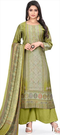 Festive, Party Wear, Reception Green color Salwar Kameez in Muslin fabric with Palazzo, Straight Digital Print, Stone, Zari work : 1898763