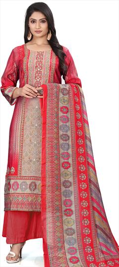 Festive, Party Wear, Reception Red and Maroon color Salwar Kameez in Muslin fabric with Palazzo, Straight Digital Print, Stone, Zari work : 1898764