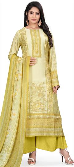 Festive, Party Wear, Reception Yellow color Salwar Kameez in Muslin fabric with Palazzo, Straight Digital Print, Stone, Zari work : 1898767