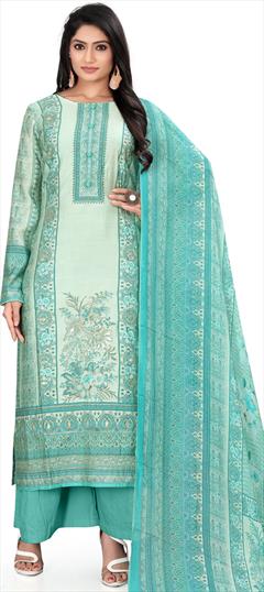 Festive, Party Wear, Reception Blue color Salwar Kameez in Muslin fabric with Palazzo, Straight Digital Print, Stone, Zari work : 1898769