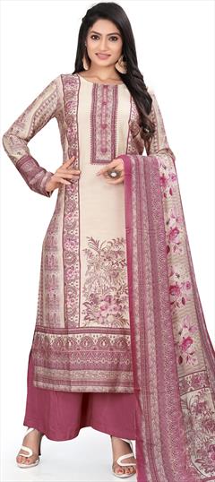 Festive, Party Wear, Reception Pink and Majenta color Salwar Kameez in Muslin fabric with Palazzo, Straight Digital Print, Stone, Zari work : 1898770