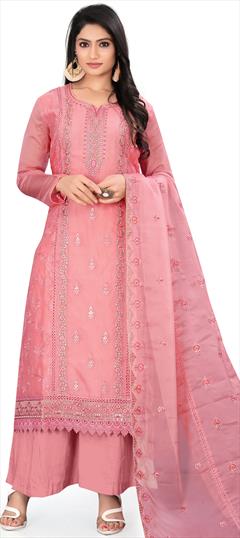 Festive, Party Wear, Reception Pink and Majenta color Salwar Kameez in Organza Silk fabric with Palazzo, Straight Embroidered, Lace, Resham, Sequence work : 1898771