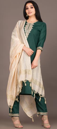 Festive, Party Wear Green color Salwar Kameez in Cotton fabric with Straight Patch work : 1898776