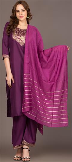 Festive, Party Wear Purple and Violet color Salwar Kameez in Cotton fabric with Straight Patch work : 1898781