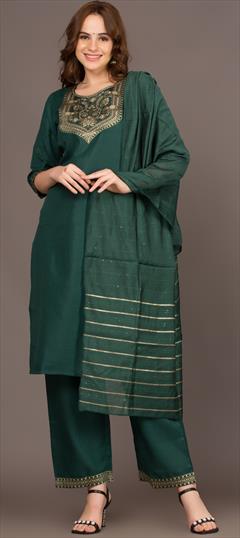Festive, Party Wear Green color Salwar Kameez in Cotton fabric with Straight Patch work : 1898783