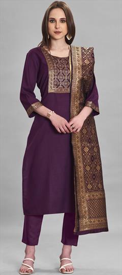 Festive, Party Wear Purple and Violet color Salwar Kameez in Cotton fabric with Straight Patch, Weaving work : 1898828