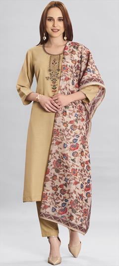 Festive, Party Wear Beige and Brown color Salwar Kameez in Cotton fabric with Straight Embroidered, Thread work : 1898831