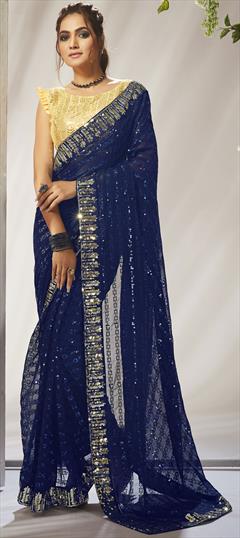 Festive, Party Wear, Reception Blue color Saree in Georgette fabric with Classic Embroidered, Sequence, Thread work : 1898885