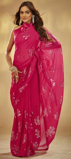 Festive, Party Wear, Reception Pink and Majenta color Saree in Georgette fabric with Classic Embroidered, Sequence, Thread work : 1898886