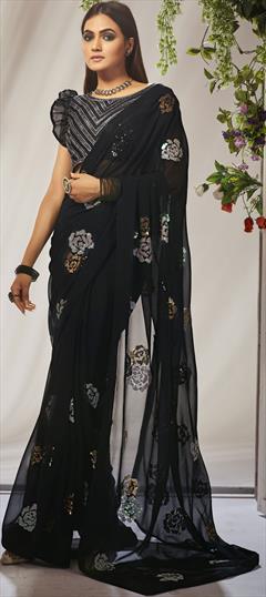 Festive, Party Wear, Reception Black and Grey color Saree in Georgette fabric with Classic Embroidered, Sequence, Thread work : 1898889