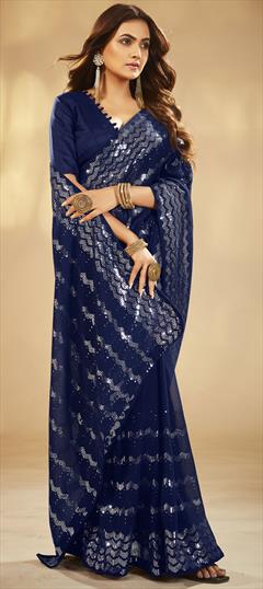 Festive, Reception Blue color Saree in Georgette fabric with Classic Sequence work : 1898947