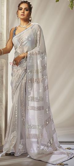 Festive, Reception White and Off White color Saree in Georgette fabric with Classic Sequence work : 1898949