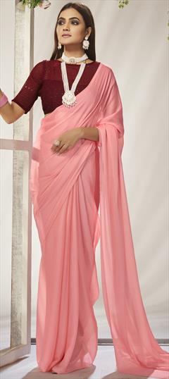 Party Wear, Traditional Pink and Majenta color Saree in Crushed Silk fabric with South Sequence work : 1898950
