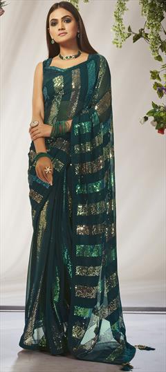 Festive, Reception Green color Saree in Georgette fabric with Classic Sequence work : 1898952