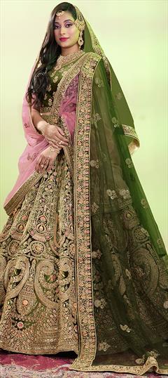 Bridal, Wedding Green color Lehenga in Velvet fabric with Flared Embroidered, Stone, Zardozi work : 1898971
