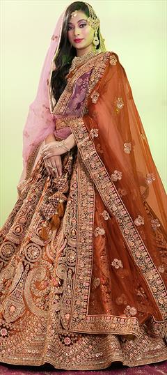 Bridal, Wedding Beige and Brown color Lehenga in Velvet fabric with Flared Embroidered, Sequence, Stone, Thread, Zari work : 1898973