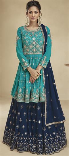 Festive, Mehendi Sangeet, Reception Blue color Long Lehenga Choli in Georgette fabric with Embroidered, Sequence, Thread, Zari work : 1898999