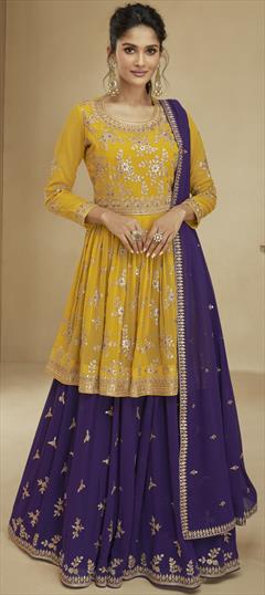 Festive, Mehendi Sangeet, Reception Purple and Violet, Yellow color Long Lehenga Choli in Georgette fabric with Embroidered, Sequence, Thread, Zari work : 1899005