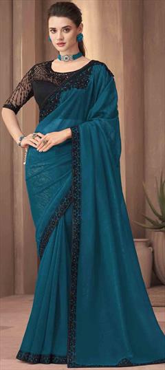 Bollywood Blue color Saree in Silk fabric with South Embroidered, Resham, Sequence, Thread work : 1899014