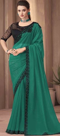 Bollywood Green color Saree in Silk fabric with South Embroidered, Resham, Sequence, Thread work : 1899016