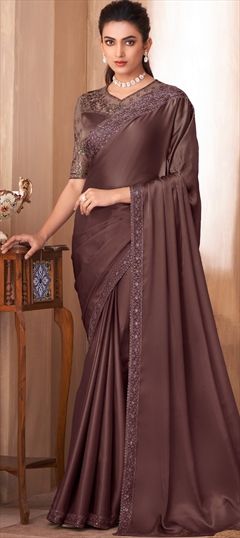 Bollywood Beige and Brown color Saree in Silk fabric with South Embroidered, Resham, Sequence, Thread work : 1899019