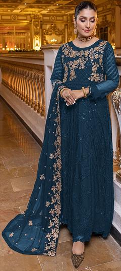 Festive, Party Wear, Reception Blue color Salwar Kameez in Faux Georgette fabric with A Line, Pakistani Embroidered, Sequence, Thread, Zari work : 1899020