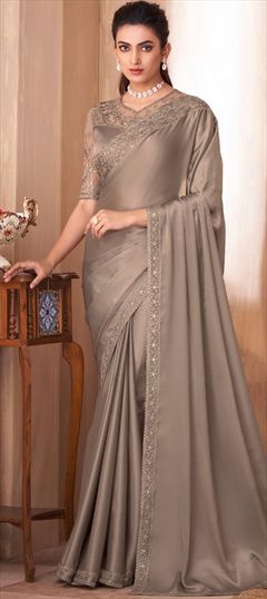 Bollywood Beige and Brown color Saree in Silk fabric with South Embroidered, Resham, Sequence, Thread work : 1899021