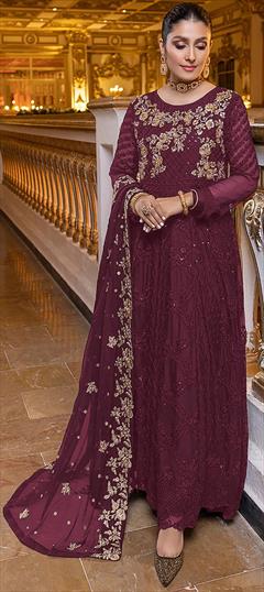 Festive, Party Wear, Reception Purple and Violet color Salwar Kameez in Faux Georgette fabric with A Line, Pakistani Embroidered, Sequence, Thread, Zari work : 1899022