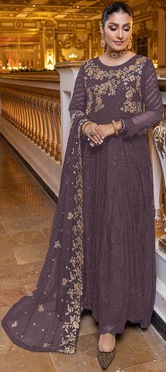 Festive, Party Wear, Reception Purple and Violet color Salwar Kameez in Faux Georgette fabric with A Line, Pakistani Embroidered, Sequence, Thread, Zari work : 1899026