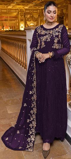 Festive, Party Wear, Reception Purple and Violet color Salwar Kameez in Faux Georgette fabric with A Line, Pakistani Embroidered, Sequence, Thread, Zari work : 1899028