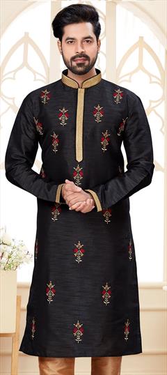 Party Wear Black and Grey color Kurta in Dupion Silk fabric with Embroidered, Thread work : 1899031
