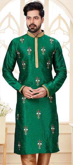 Party Wear Green color Kurta in Dupion Silk fabric with Embroidered, Thread work : 1899033