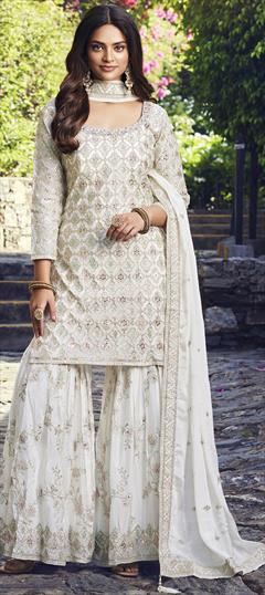 Engagement, Festive, Reception White and Off White color Salwar Kameez in Silk fabric with Sharara, Straight Sequence, Thread work : 1899066