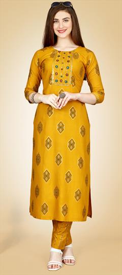 Casual, Summer Yellow color Salwar Kameez in Rayon fabric with Straight Embroidered, Printed, Thread work : 1899116