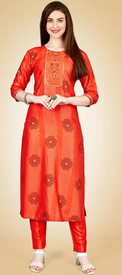 Casual, Summer Red and Maroon color Salwar Kameez in Rayon fabric with Straight Embroidered, Printed, Thread work : 1899117