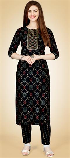 Casual, Summer Black and Grey color Salwar Kameez in Rayon fabric with Straight Embroidered, Printed, Thread work : 1899120