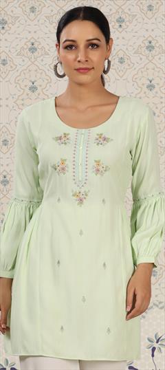 Party Wear Green color Kurti in Rayon fabric with Long Sleeve, Straight Resham, Sequence, Thread work : 1899196