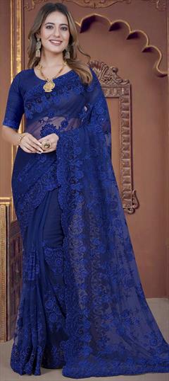 Mehendi Sangeet, Party Wear, Reception Blue color Saree in Net fabric with Classic Bugle Beads, Embroidered, Resham, Thread work : 1899218