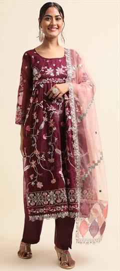 Festive, Mehendi Sangeet, Reception Purple and Violet color Salwar Kameez in Organza Silk fabric with Pakistani, Straight Resham, Sequence, Zari work : 1899225