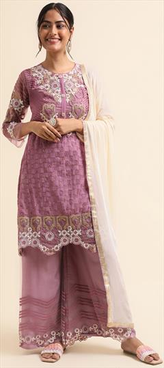 Festive, Mehendi Sangeet, Reception Purple and Violet color Salwar Kameez in Faux Georgette fabric with Palazzo, Straight Resham, Zari work : 1899227