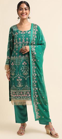 Festive, Mehendi Sangeet, Reception Green color Salwar Kameez in Faux Georgette fabric with Pakistani, Straight Border, Lace, Resham, Sequence, Zari work : 1899228