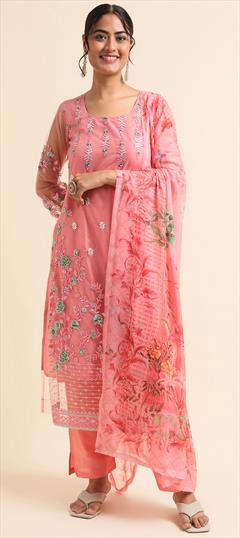 Festive, Mehendi Sangeet, Reception Pink and Majenta color Salwar Kameez in Net fabric with Pakistani, Straight Cut Dana, Digital Print, Resham, Sequence, Zari work : 1899229