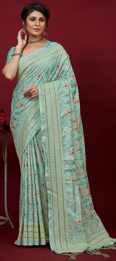 Party Wear, Traditional Blue color Saree in Silk cotton fabric with Bengali, South Embroidered, Printed, Resham, Thread work : 1899248