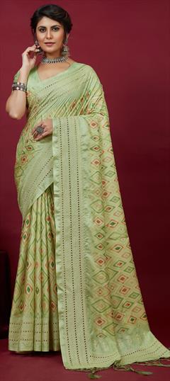 Party Wear, Traditional Green color Saree in Silk cotton fabric with Bengali, South Embroidered, Printed, Resham, Thread work : 1899255